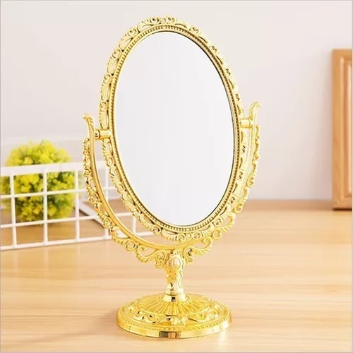 Espelho De Mesa Princesa Maquiagem Dupla Face Zoom Dourado Oval 20 cm
